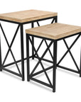 Set of Two Light Brown and Black Distressed Solid Wood and Steel Nested Tables