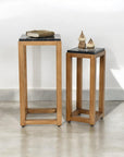 Set of Two Black and Brown Distressed Marble and Solid Wood Square Frame Nested Tables