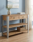 48" Natural and Gray Wood Console Table With Two Shelves And Two Drawers