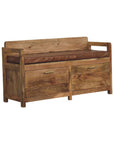 39" Brown And Oak Genuine Leather And Solid Wood Upholstered Storage Bench With Drawers