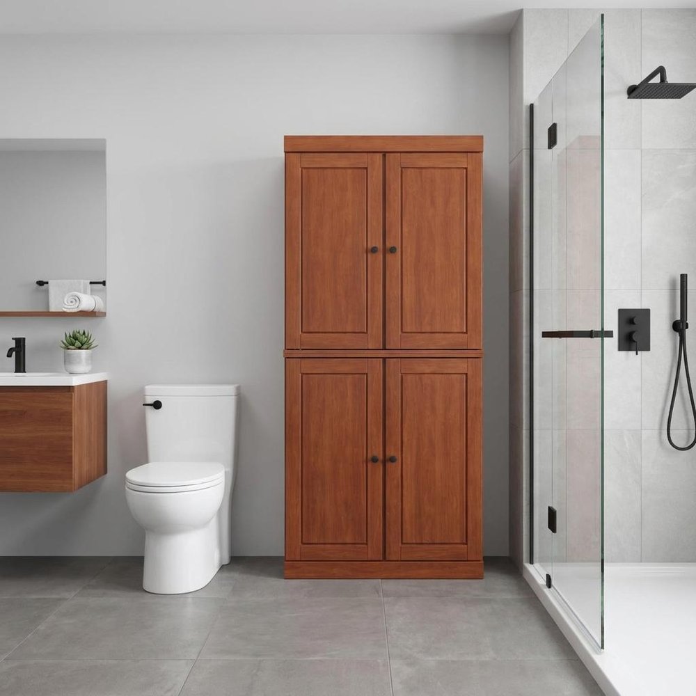 32" Coffee Solid Wood Four Door Linen Cabinet