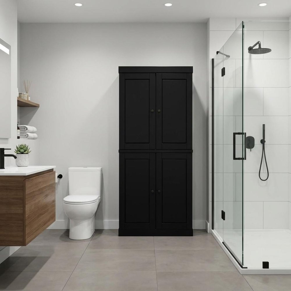 32" Black Solid Wood Four Door Linen Cabinet