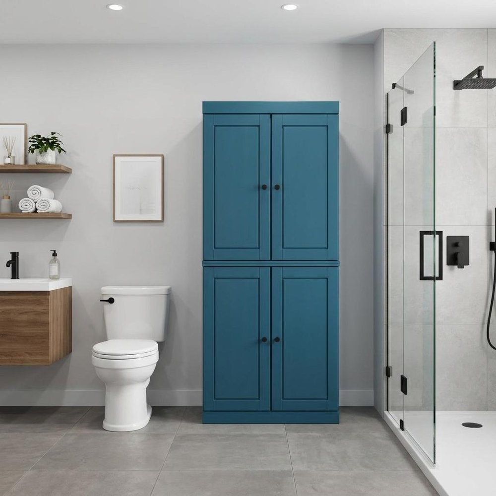 32" Teal Blue Solid Wood Four Door Linen Cabinet