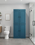 32" Teal Blue Solid Wood Four Door Linen Cabinet