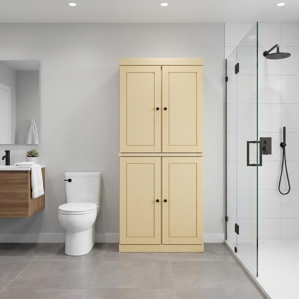 32" Yellow Solid Wood Four Door Linen Cabinet