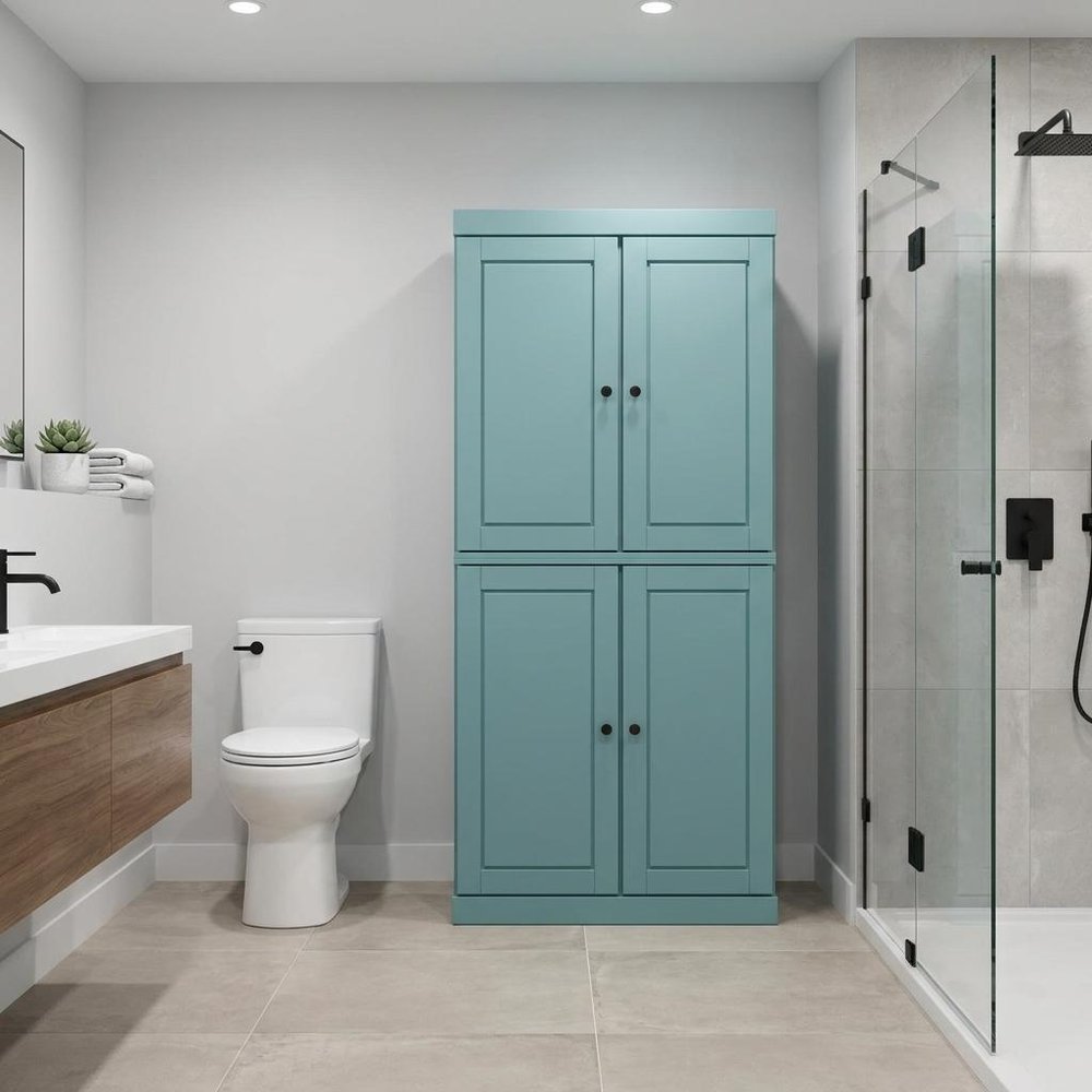 32" Aqua Solid Wood Four Door Linen Cabinet