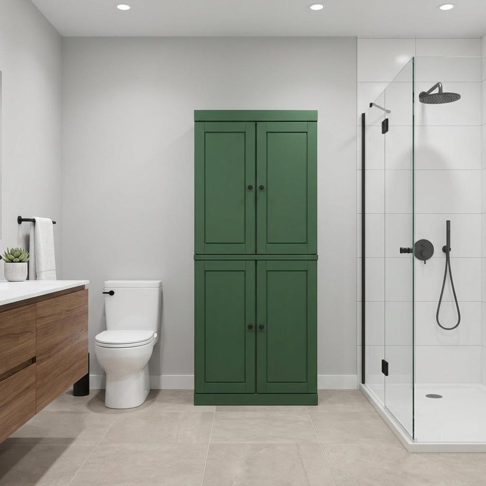 32" Green Solid Wood Four Door Linen Cabinet