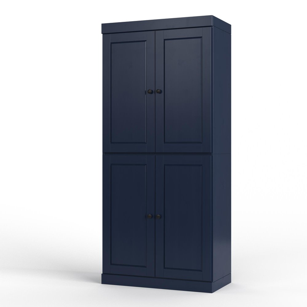 32" Navy Blue Solid Wood Four Door Linen Cabinet