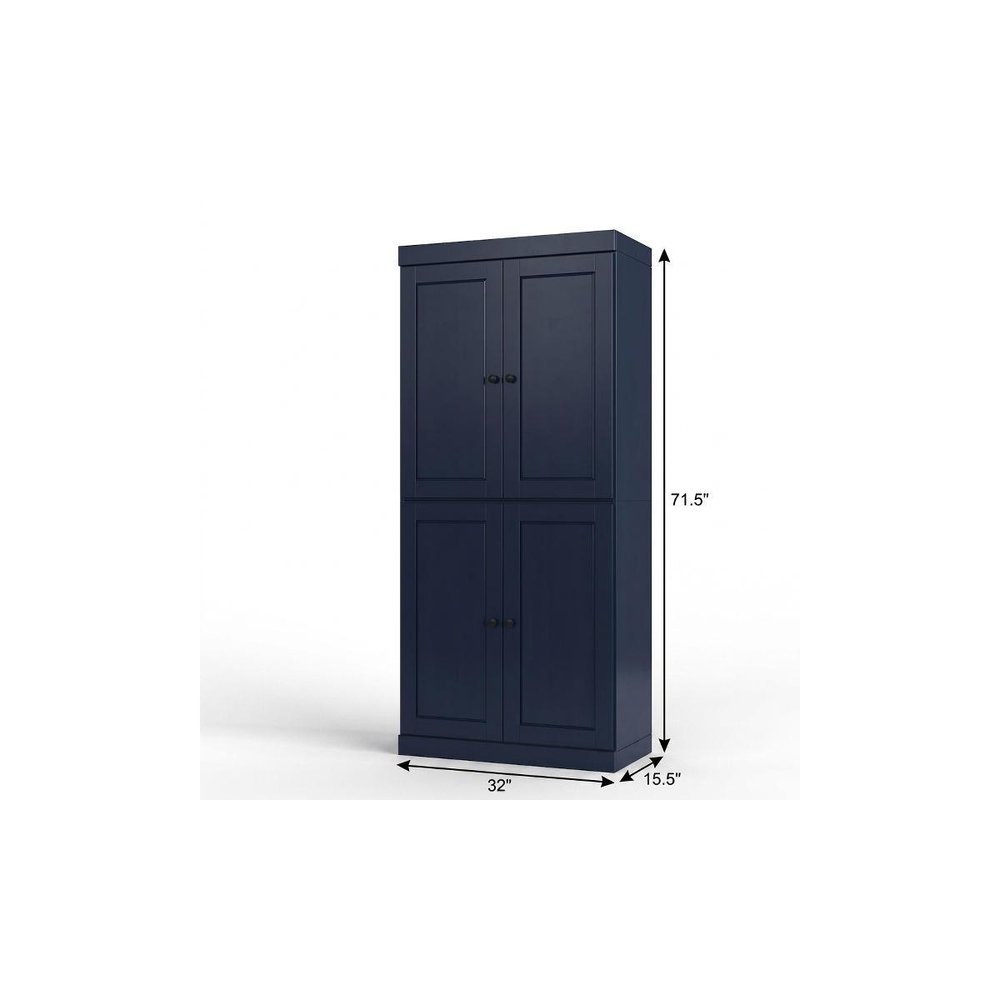 32" Navy Blue Solid Wood Four Door Linen Cabinet