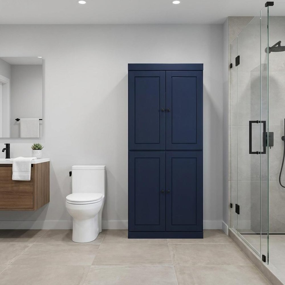 32" Navy Blue Solid Wood Four Door Linen Cabinet