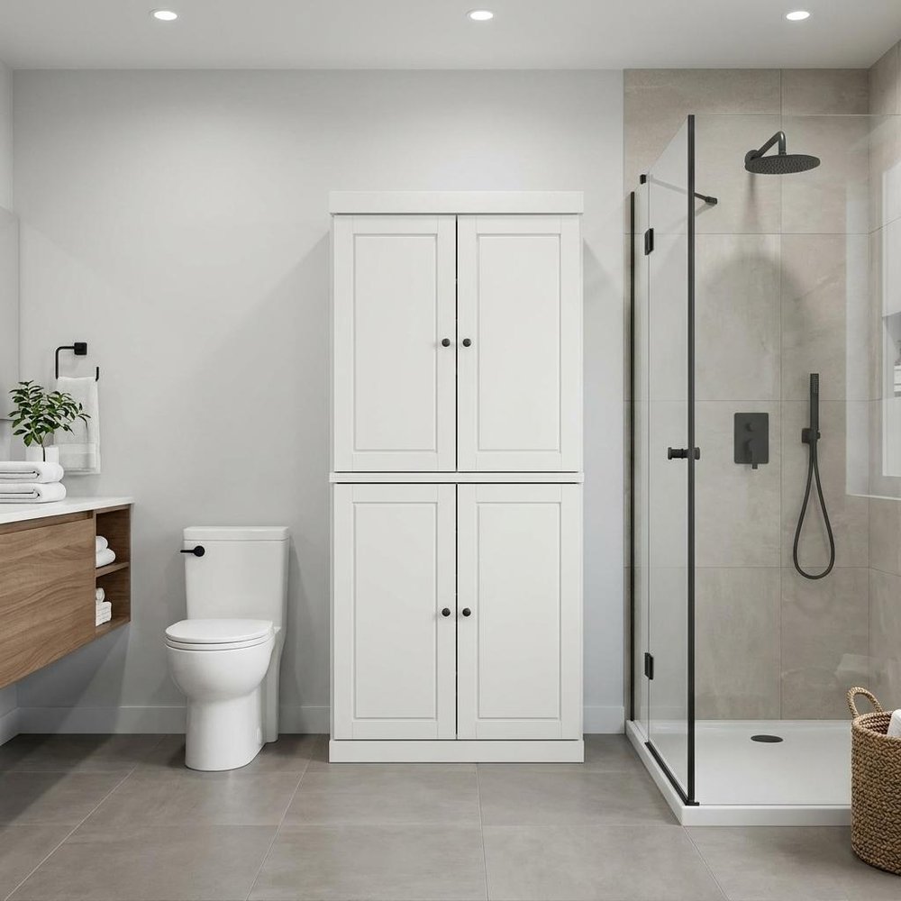 32" Off White Solid Wood Four Door Linen Cabinet