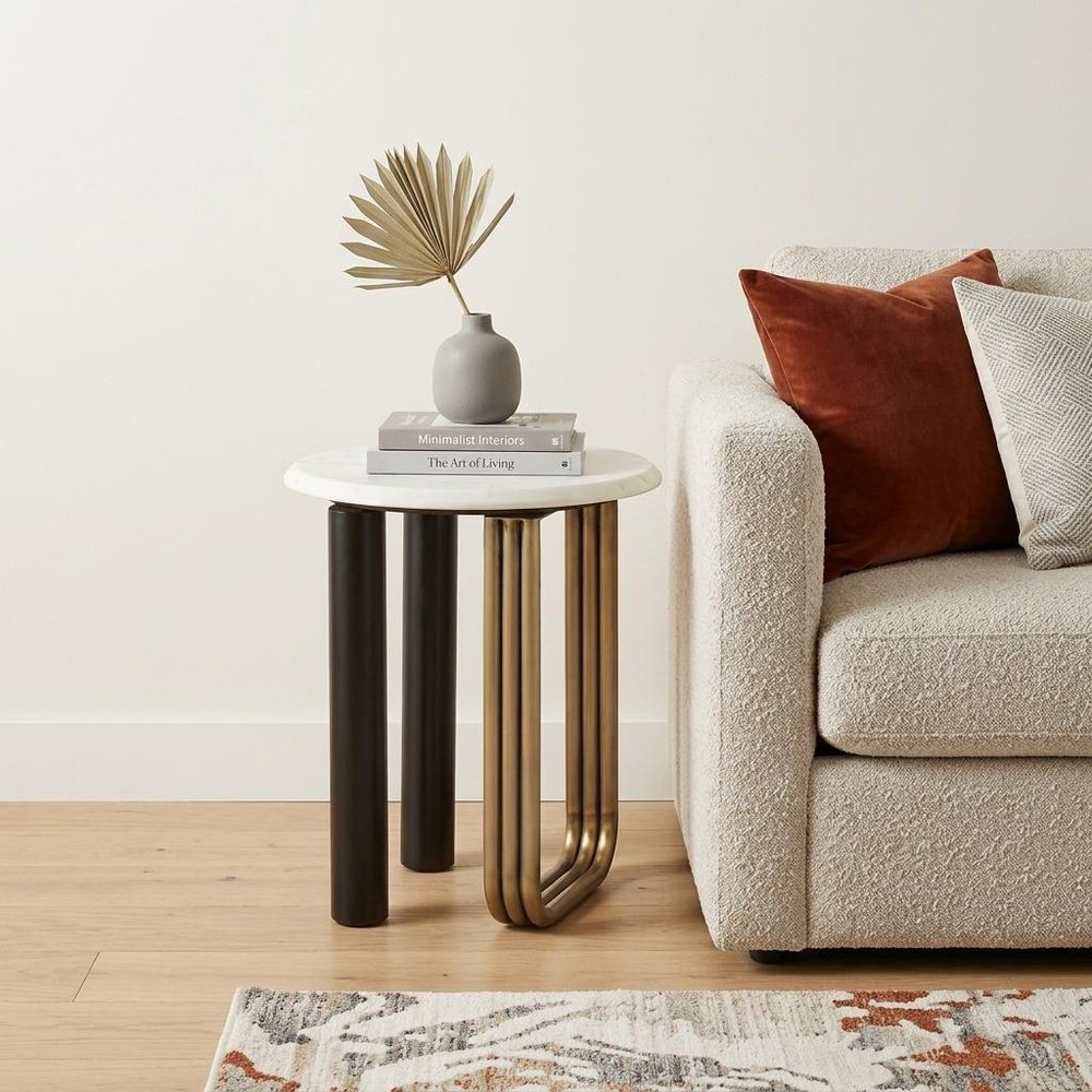 24" White Black And Gold Marble and Iron Round Sled End Table