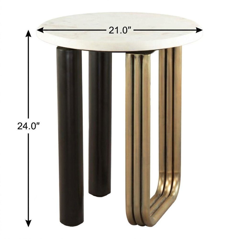 24" White Black And Gold Marble and Iron Round Sled End Table