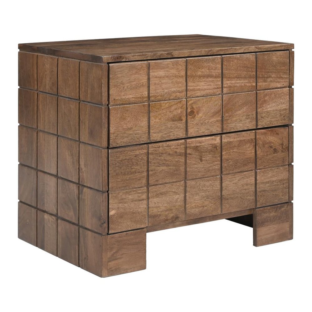 22" Walnut Wood Carved Geometric Two Drawer Nightstand