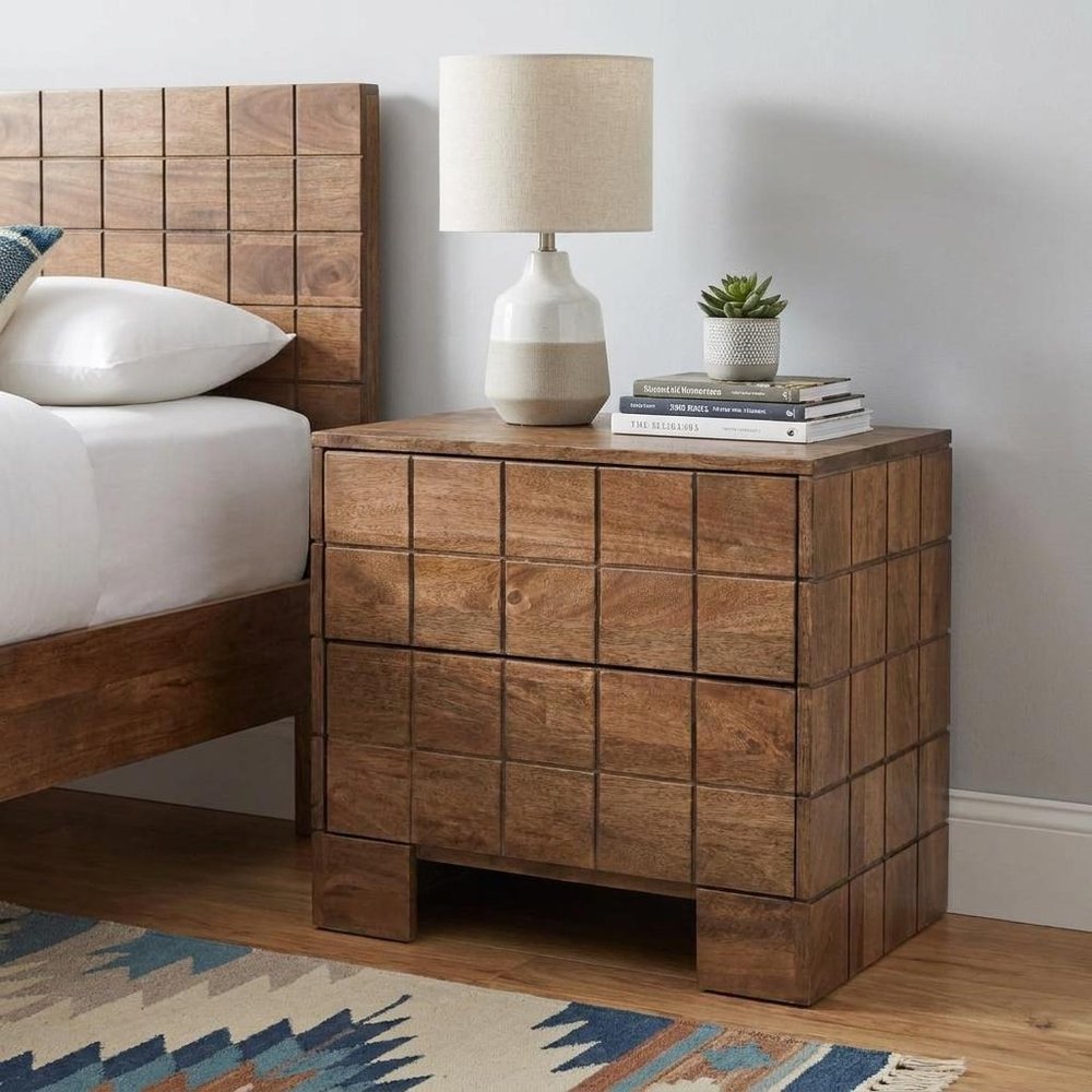 22" Walnut Wood Carved Geometric Two Drawer Nightstand