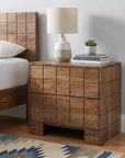 22" Walnut Wood Carved Geometric Two Drawer Nightstand
