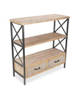 37" Brown Distressed Metal And Wood Three Tier Etagere Bookcase with Two Drawers