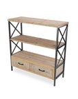 37" Brown Distressed Metal And Wood Three Tier Etagere Bookcase with Two Drawers