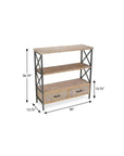 37" Brown Distressed Metal And Wood Three Tier Etagere Bookcase with Two Drawers