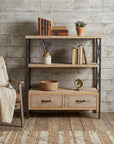 37" Brown Distressed Metal And Wood Three Tier Etagere Bookcase with Two Drawers