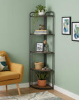 62" Black And Brown Metal and Wood Five Tier Corner Bookcase