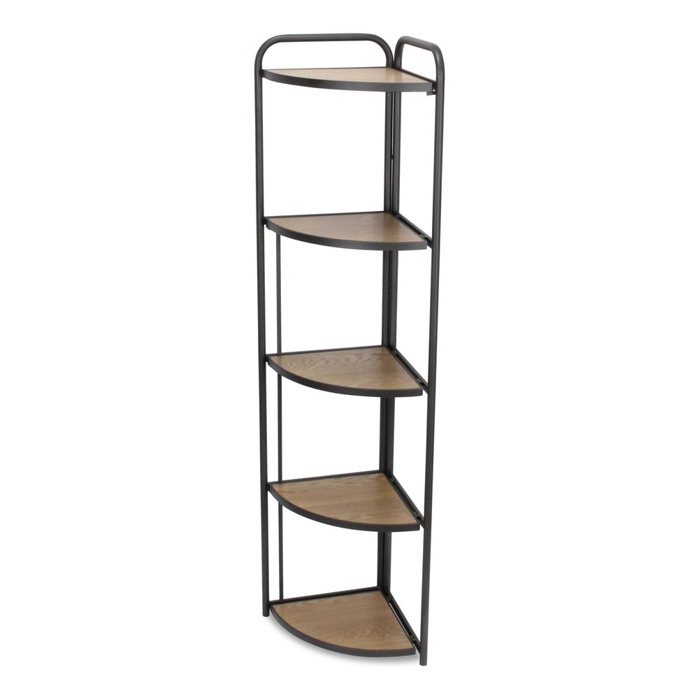 62" Black And Brown Metal and Wood Five Tier Corner Bookcase