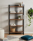 60" Brown Distressed Metal And Wood Five Tier Etagere Bookcase