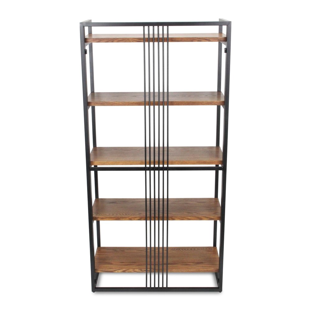 60" Brown Distressed Metal And Wood Five Tier Etagere Bookcase