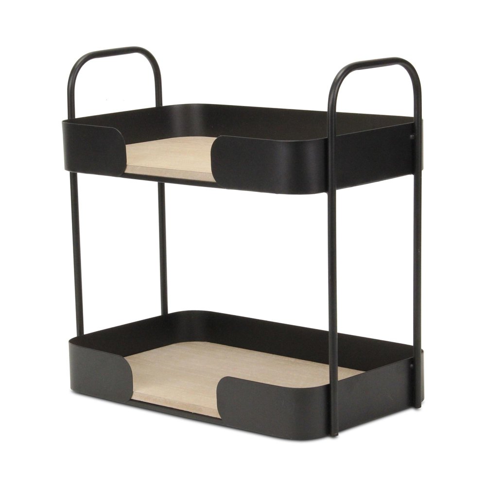 14" Brown Distressed Metal And Wood Two Tier Etagere Bookcase