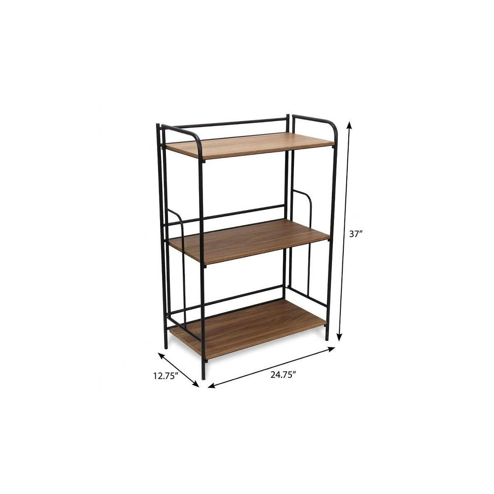 37" Brown Distressed Metal And Wood Three Tier Etagere Bookcase