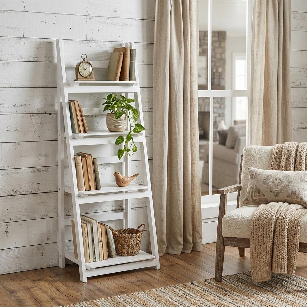 44" White Distressed Wood Four Tier Ladder Bookcase