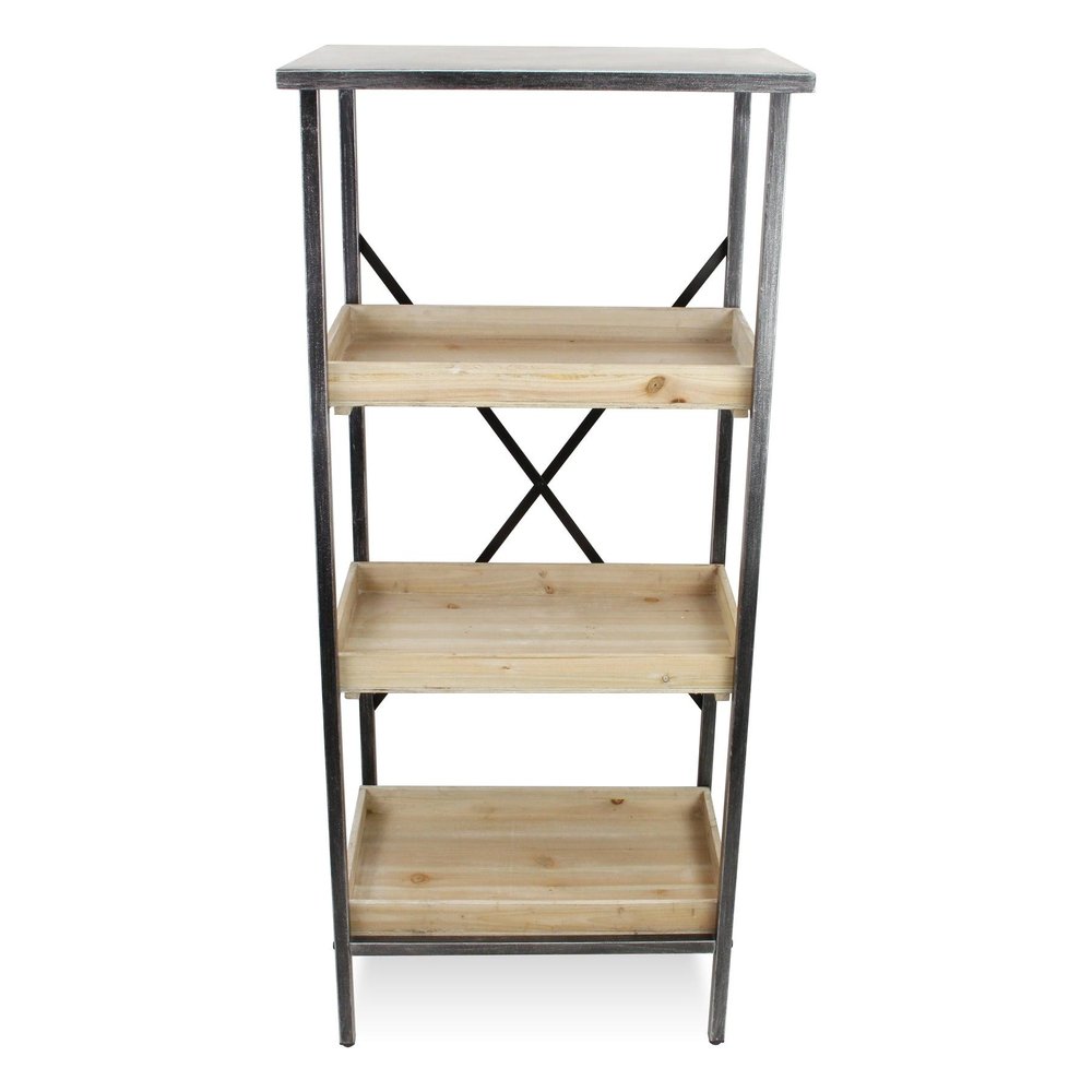 49" Black And Natural Distressed Metal And Wood Three Tier Etagere Bookcase