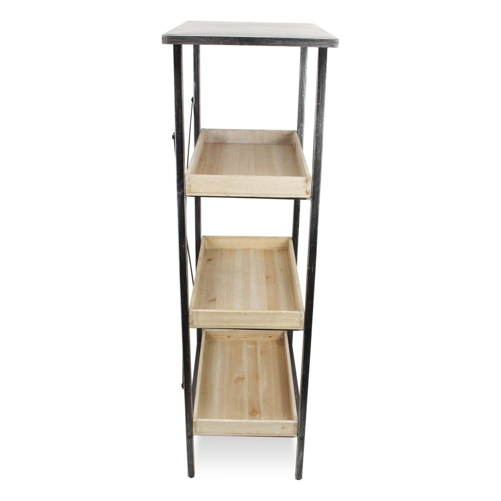 49" Black And Natural Distressed Metal And Wood Three Tier Etagere Bookcase