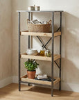 49" Black And Natural Distressed Metal And Wood Three Tier Etagere Bookcase