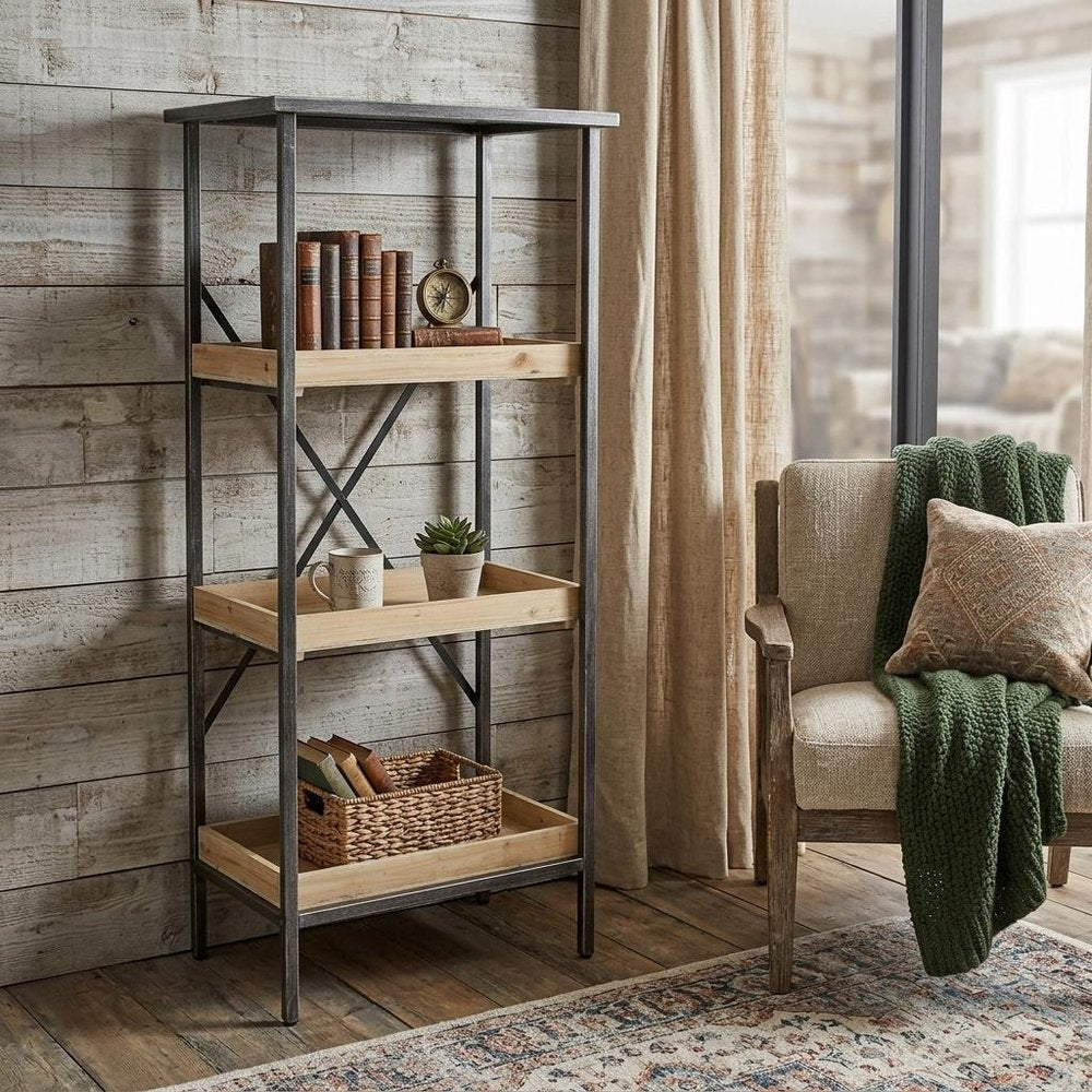 49" Black And Natural Distressed Metal And Wood Three Tier Etagere Bookcase