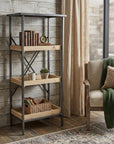 49" Black And Natural Distressed Metal And Wood Three Tier Etagere Bookcase