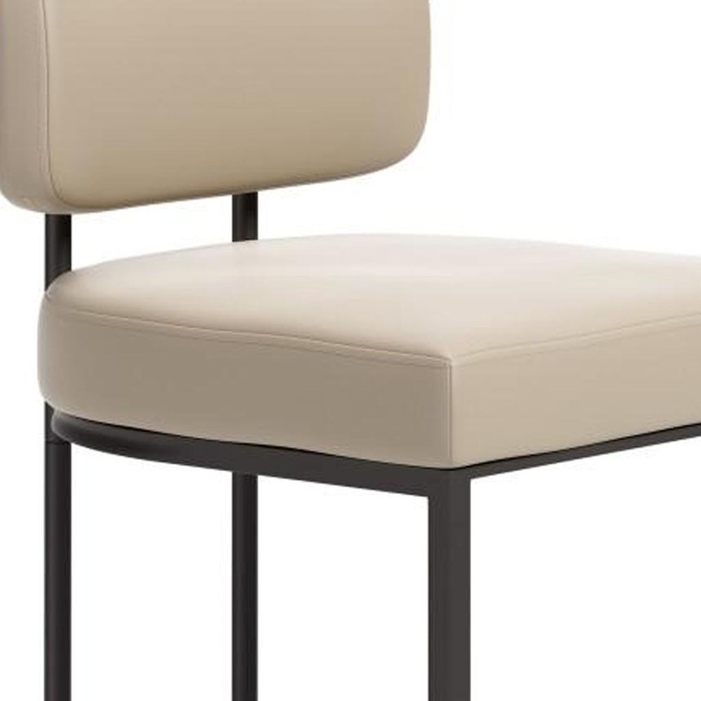 Set of Two 30" Beige And Gray Faux Leather And Steel Low Back Bar Height Bar Chairs