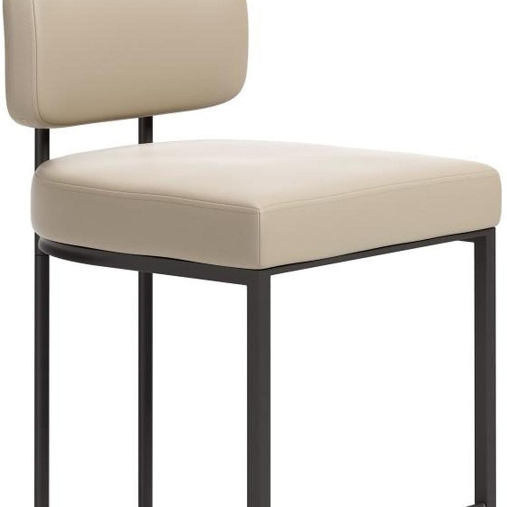 Set of Two 30" Beige And Gray Faux Leather And Steel Low Back Bar Height Bar Chairs