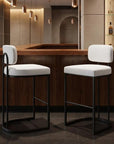 Set of Two 30" Beige And Gray Faux Leather And Steel Low Back Bar Height Bar Chairs