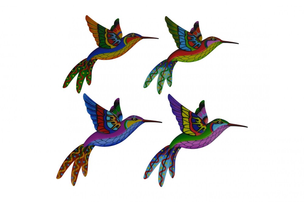 Set of Four Blue Purple And Red Metal Birds Garden Accents Accessories