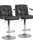 Set of Two Black And Silver Faux Leather And Aluminum Adjustable Height Swivel Bar Chairs