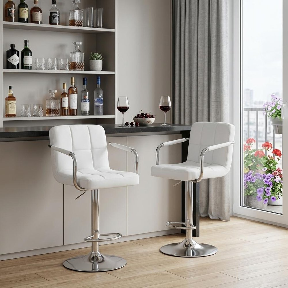 Set of Two Black And Silver Faux Leather And Aluminum Adjustable Height Swivel Bar Chairs