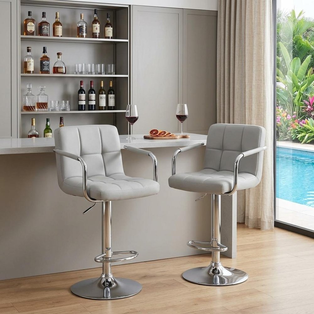 Set of Two Black And Silver Faux Leather And Aluminum Adjustable Height Swivel Bar Chairs