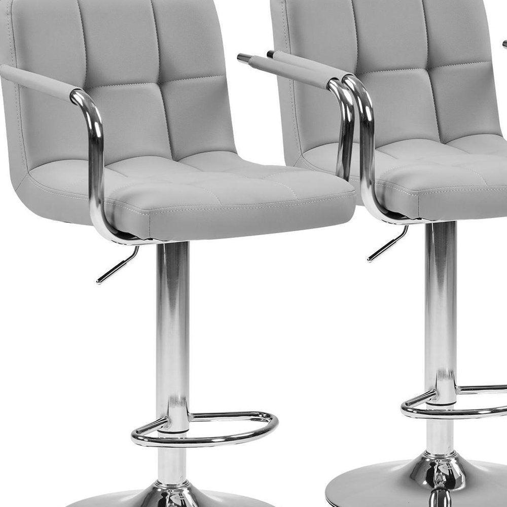 Set of Two Black And Silver Faux Leather And Aluminum Adjustable Height Swivel Bar Chairs