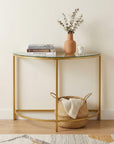 29" Clear and Gold Glass and Iron Half Circle Three Leg Console Table