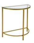 29" Clear and Gold Glass and Iron Half Circle Three Leg Console Table