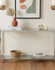 56" Clear and Silver Glass and Iron Frame Console Table With Shelf
