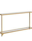 56" Clear and Gold Glass and Iron Console Table With Shelf