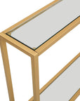 56" Clear and Gold Glass and Iron Console Table With Shelf