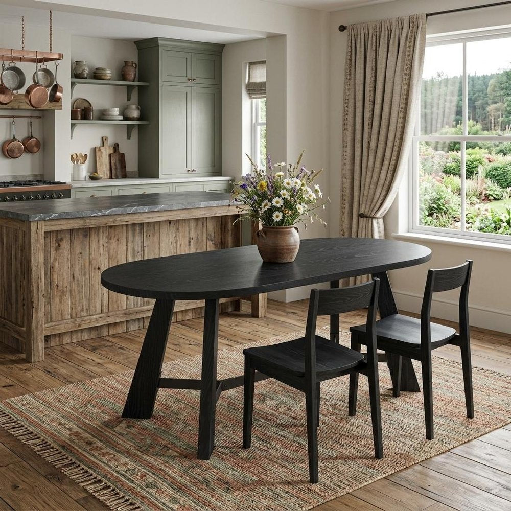 71" Brown and Black Wood Trestle Base Oval Dining Table